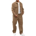 thumbnail image 1 of Timoontee Men's Tracksuit Long Sleeve Lapel Button Down Shacket and Elastic Waist Drawstring Straight Pants 2 Piece Casual Sets for Daily & Work & Weekend Wear Khaki S, 1 of 8