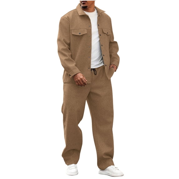 Timoontee Men's Tracksuit Long Sleeve Lapel Button Down Shacket and Elastic Waist Drawstring Straight Pants 2 Piece Casual Sets for Daily & Work & Weekend Wear Khaki S