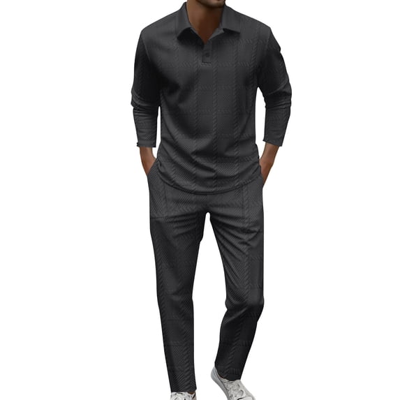 Timoontee Men's Tracksuits Long Sleeve Button Collared Shirts and Elastic Waist Drawstring Pants Solid Casual Piece Sets for Daily & Office Work Black XXXL