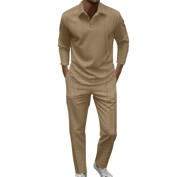 Timoontee Men's Tracksuits Long Sleeve Button Collared Shirts and Elastic Waist Drawstring Pants Solid Casual Piece Sets for Daily & Office Work Khaki XXL