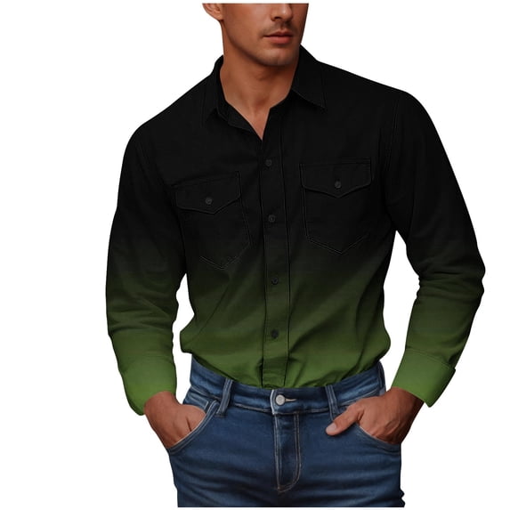 Timoontee Men's Trendy Cardigan Gradient Color Shirts Long Sleeve Lapel Collar Button Down T-Shirts Lightweight Workwear Shirts with Pockets Army Green XXL