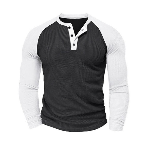 Timoontee Men's Trendy Casual Shirts Long Sleeve Henley Comfy Pullover Tops Breathable Color Block Button Outdoor Workout Blouses Black S