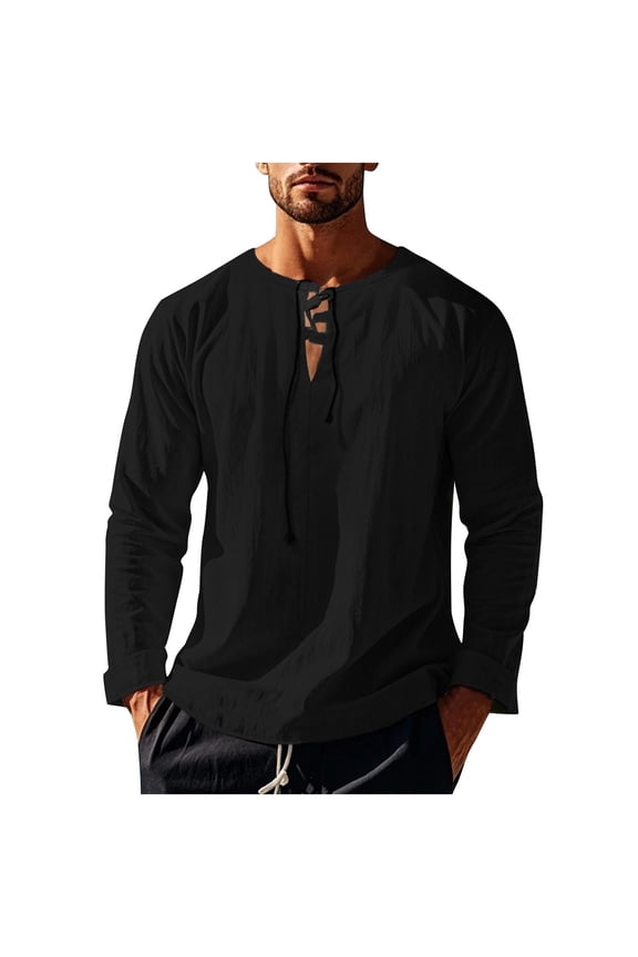 Men's Trendy Shirts Casual Long Sleeve Pullover Tops Lace Up V Neck Blouses Lightweight Solid Outdoor Hiking Jogger Shirts Black XL