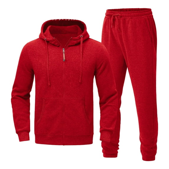 Timoontee Men's Trendy Zipper Sweatshirts Solid 2 Piece Tracksuit Set Outfit Casual Comfy Long Sleeve Hoodies and Drawstring Sweatpants for Hiking Jogging Workout Red L