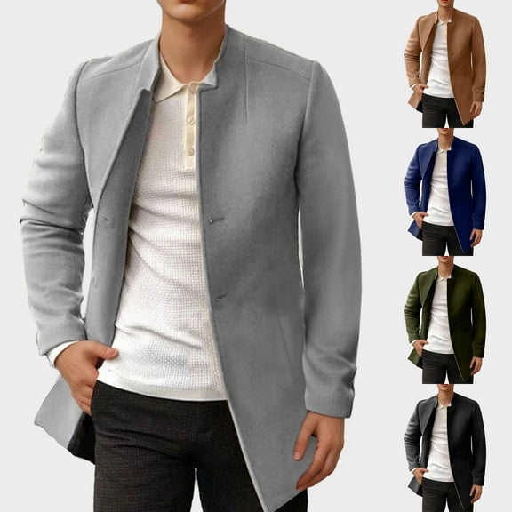 Timoontee Men's Trentch Coat Daily Casual Jacket Long Sleeve Stand Collar Jacket Coat Solid Button Down Outerwear Fall Winter Overcoat Army Green L