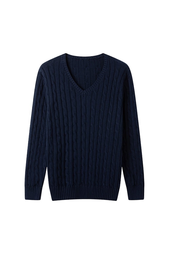 Men's V-Neck Sweater Loose Fit Long Sleeve Knit Sweater Solid Pullover Tops Cable Knit Sweaters Fall Winter Casual Sweaters Navy L
