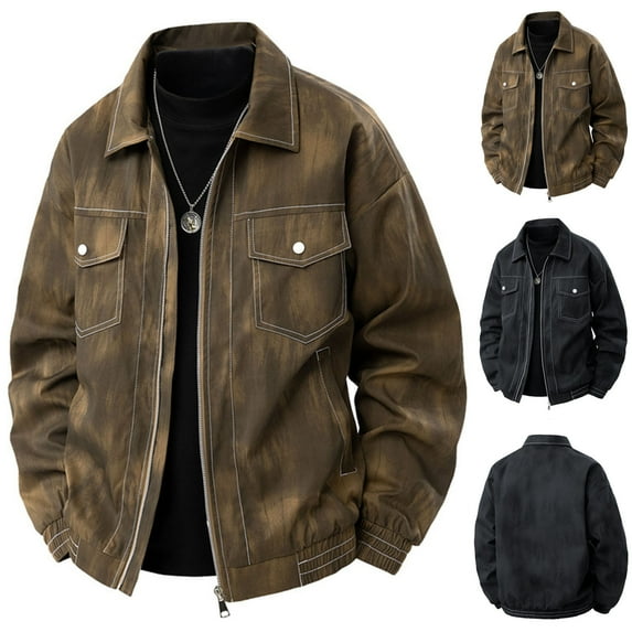Timoontee Men's Vintage Jacket Casual Workwear Jacket Long Sleeve Lapel Jacket Solid Full Zip Jacket Coat Fall Winter Trendy Clothes with Multi Pockets Black XXL
