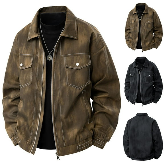 Timoontee Men's Vintage Jacket Casual Workwear Jacket Long Sleeve Lapel Jacket Solid Full Zip Jacket Coat Fall Winter Trendy Clothes with Multi Pockets Black XXL