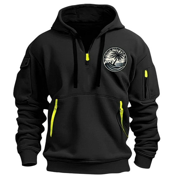 Timoontee Men's Vintage Long Sleeve Hoodies Quarter Zip Tactical Pullover Sweatshirts Casual Fall Fashion Hooded Sweatshirts Solid Multi Pockets Tops Black S