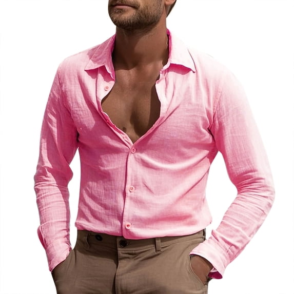 Timoontee Men's Vintage T-shirt Loose Fit Long Sleeve Lapel Button Dowm Casual T-Shirts Lightweight Quick Dry Solid Color Shirts Pink S