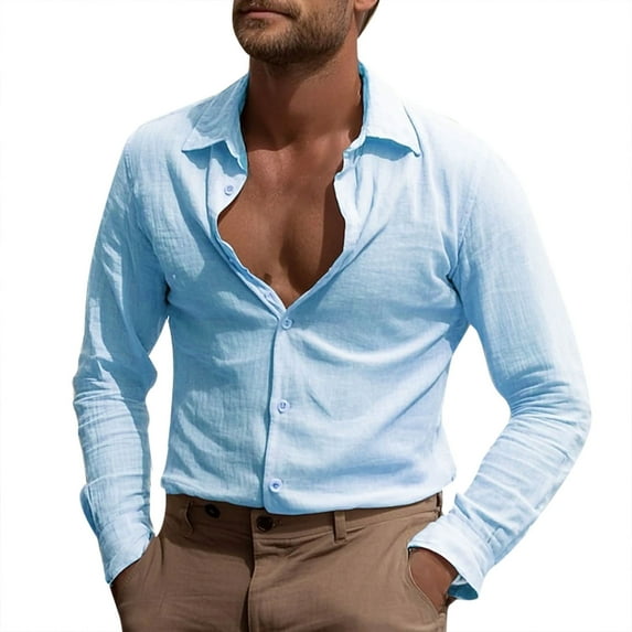 Timoontee Men's Vintage T-shirt Loose Fit Long Sleeve Lapel Button Dowm Casual T-Shirts Lightweight Quick Dry Solid Color Shirts Sky Blue XXL