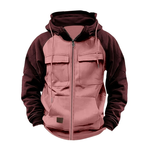 Timoontee Men's Vintage Workwear Coat Casual Comfy Long Sleeve Hoodies Fall Winter Coats Color Block Full Zip Outerwear With Multi Pockets Pink XXL