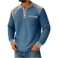 thumbnail image 1 of Timoontee Men's Waffle Shirts Casual Knited Tops Long Sleeve Stand Collar Shirts Color Block Quarter Button Up Pullover Blue L, 1 of 7