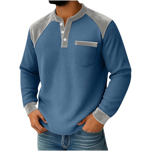 Timoontee Men's Waffle Shirts Casual Knited Tops Long Sleeve Stand Collar Shirts Color Block Quarter Button Up Pullover Blue L
