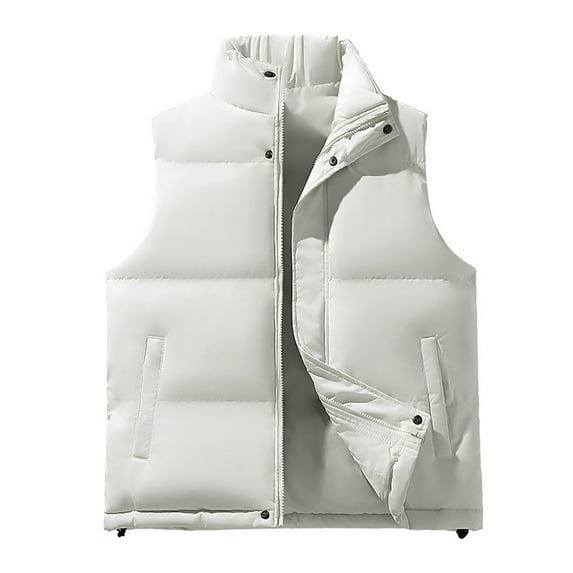 Timoontee Men's Warm Winter Puffer Vest Casual Comfy Padded Waistcoat Cold Weather Vest Coat Sleeveless Stand Collar Vest Solid Zip Up Quilted Vest White XL