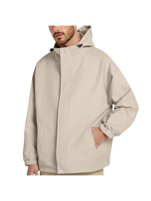 Men's Waterproof Jacket Outdoor Casual Running Workout Windbreaker Long Sleeve Zip Up Jacket Coat Solid Pocket Jacket Fall Trendy Outfits Beige XXL