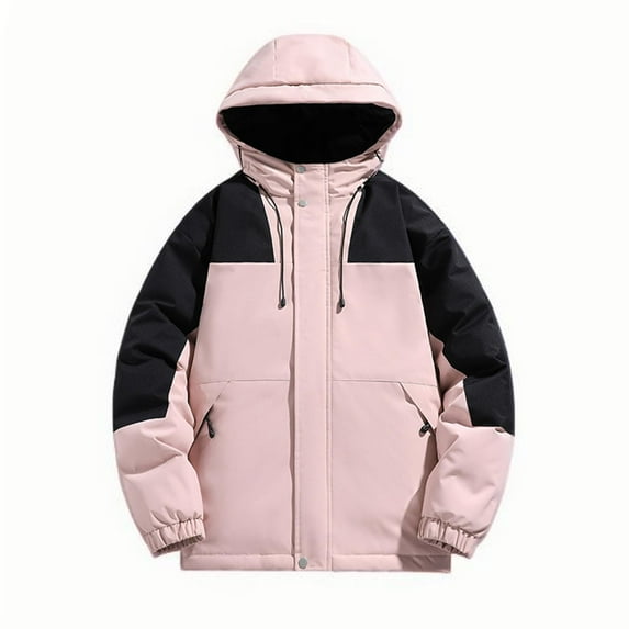 Timoontee Men's Waterproof Jacket Warm Thickened Coat Casual Comfy Puffer Coat Color Block Zip Up Quilted Outerwear Winter Padded Coat with Zip Pocket Pink XXL