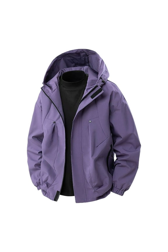 Men's Waterproof Rain Jacket Casual Long Sleeve Full Zip Jacket Outdoor Hiking Workout Jacket Solid Zip Pocket Workwear Jacket Fall Trendy Outfits Purple M