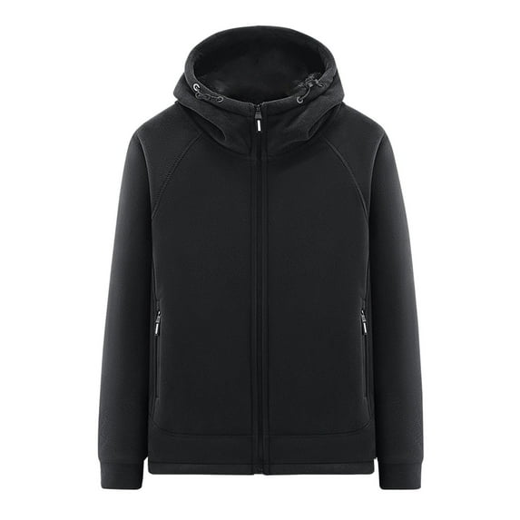 Timoontee Men's Winter Coat Casual Comfy Hoodie Jacket Warm Thickened Fleece Lined Coats Outdoor Hiking Windproof Jacket Solid Zip Up Outerwear with Zip Pocket Black XXXXXL