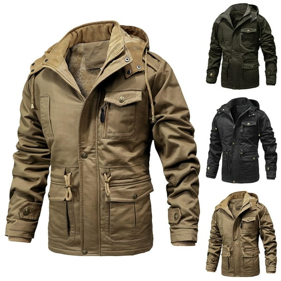 Timoontee Men's Winter Coat Oversized Military Jacket Outdoor Hiking Windproof Jacket Warm Thickened Fleece Lined Coat Casual Zip Up Outerwear with Multi Pockets Khaki M