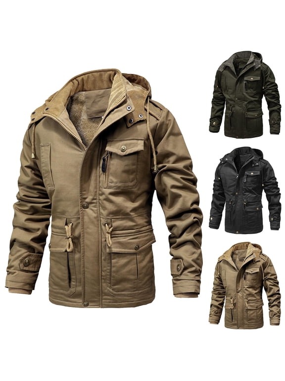 Men's Winter Coat Oversized Military Jacket Outdoor Hiking Windproof Jacket Warm Thickened Fleece Lined Coat Casual Zip Up Outerwear with Multi Pockets Army Green XXL
