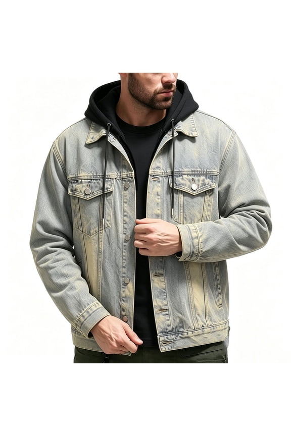Men's Winter Fake Two-piece Denim Casual Daily All-match Hooded Coat Gray L