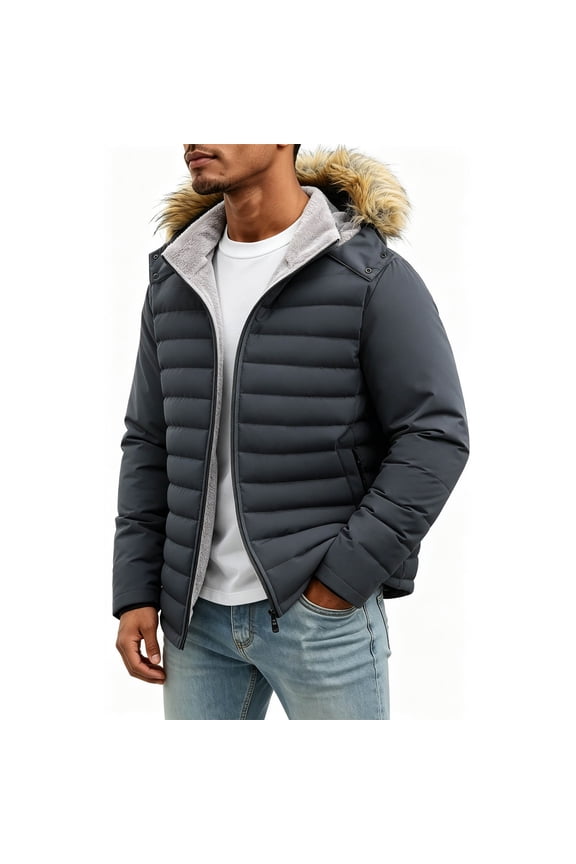 Men's Winter Long Sleeve Solid Color Fleece Lined Hooded Puffer Jacket Zipper Closure Pockets Black XS