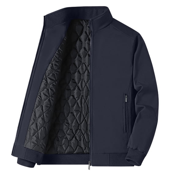 Timoontee Men's Winter Thickened Warm Jacket Coat Long Sleeve Stand Collar Zip Up Coats Solid Zip Pocket Outerwear Jacket Outdoor Casual Windbreaker Blue XL