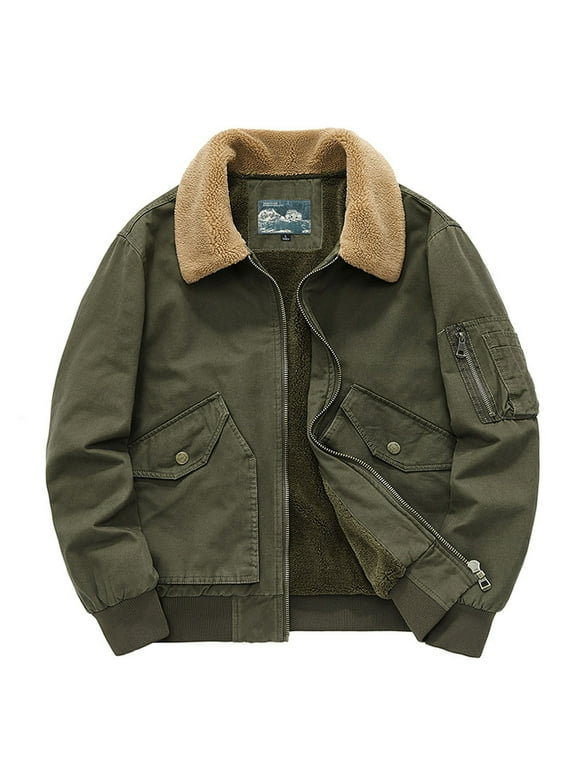 Men's Winter Warm Coats Thickened Fleece Lined Jacket Casual Comfy Lapel Jacket Coat Fashion Solid Zip Up Outerwear with Multi Pocket Army Green XL
