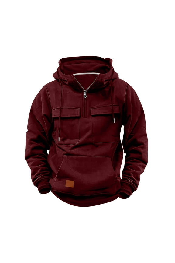 Men's Workwear Hoodies Long Sleeve Quarter Zip Pullover Hooded Sweatshirts Casual Fall Winter Trendy Workwear Sweatshirts Solid Pockets Athletic Tops Wine XXL