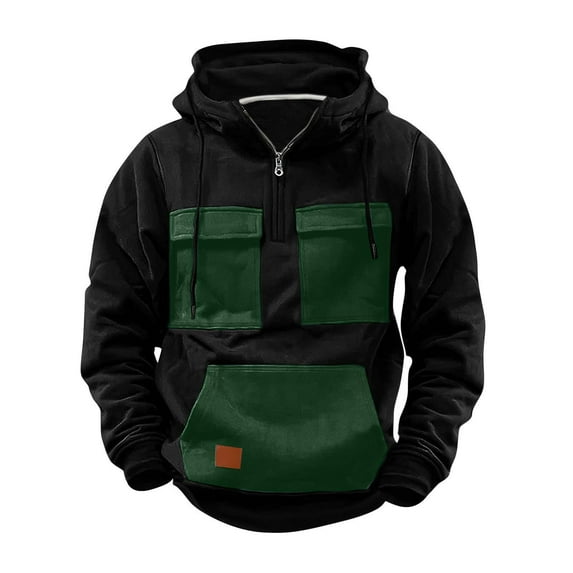 Timoontee Men's Workwear Hoodies Long Sleeve Quarter Zipper Pullover Tops Color Block Multi Pockets Athletic Hooded Sweatshirts for Hiking Running Gym Workout Army Green XXXL