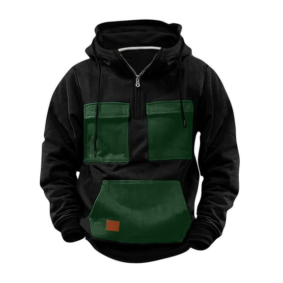 Timoontee Men's Workwear Hoodies Long Sleeve Quarter Zipper Pullover Tops Color Block Multi Pockets Athletic Hooded Sweatshirts for Hiking Running Gym Workout Army Green XXXL