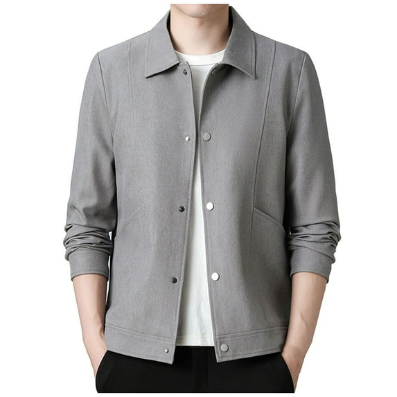 Timoontee Men's Workwear Jacket Coat Casual Comfy Long Sleeve Lapel Collar Jacket Fashion Solid Pocket Snap Shirt Jacket Fall Clothes Gray XL