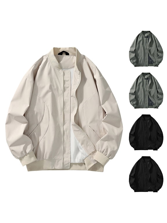 Men's Workwear Jacket Daily Casual Jacket Fall Long Sleeve Stand Collar Jacket Solid Zip Up Jacket Streetwear Flight Jacket Black XXXL