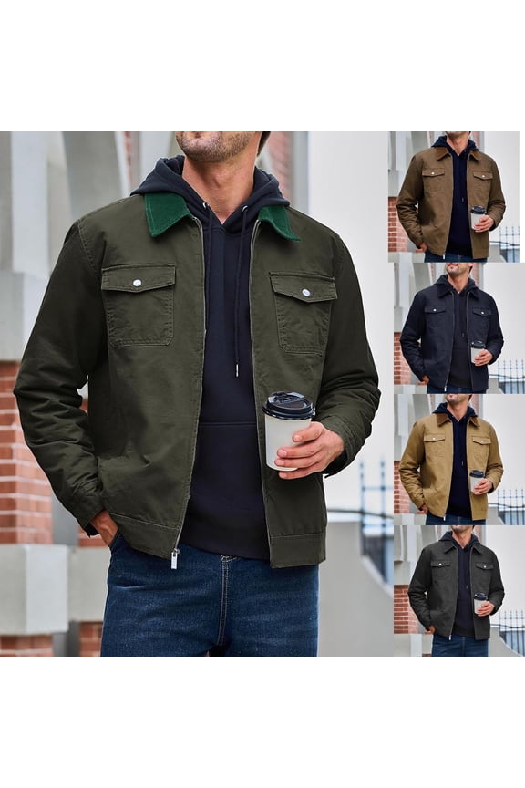 Men's Workwear Jacket Daily Casual Jacket Long Sleeve Lapel Jacket Warm Thickened Jacket Coat Solid Zipper Jacket Fall Winter Coat Black L