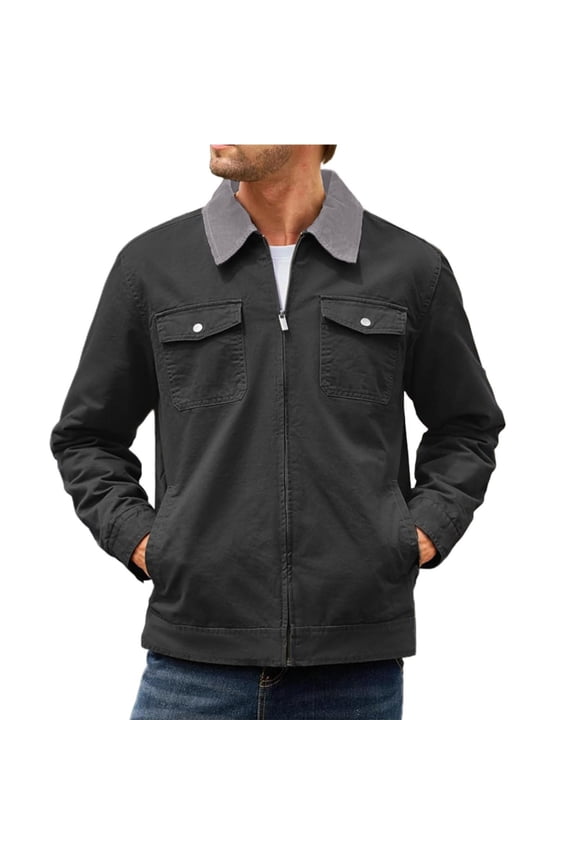 Men's Workwear Jacket Daily Casual Jacket Long Sleeve Lapel Jacket Warm Thickened Jacket Coat Solid Zipper Jacket Fall Winter Coat Gray XXL