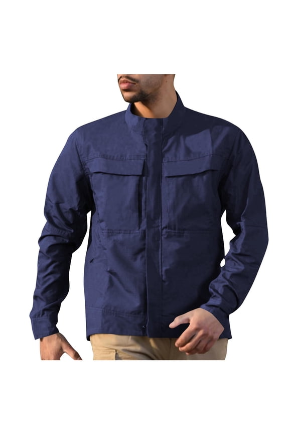 Men's Workwear Jacket Tactical Water-Repellent Windbreaker Casual Long Sleeve Cardigan Jacket Solid Pockets Workwear Jacket Blue L