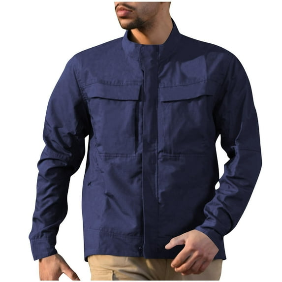 Timoontee Men's Workwear Jacket Tactical Water-Repellent Windbreaker Casual Long Sleeve Cardigan Jacket Solid Pockets Workwear Jacket Blue XXXL