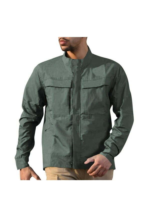 Men's Workwear Jacket Tactical Water-Repellent Windbreaker Casual Long Sleeve Cardigan Jacket Solid Pockets Workwear Jacket Green XXL