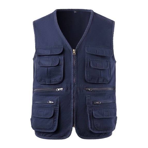Timoontee Men's Workwear Waistcoat Outdoor Casual Hiking Workout Vest Sleeveless V-Neck Jacket Vest Solid Full Zip Vest with Zip Pockets Dark Blue L