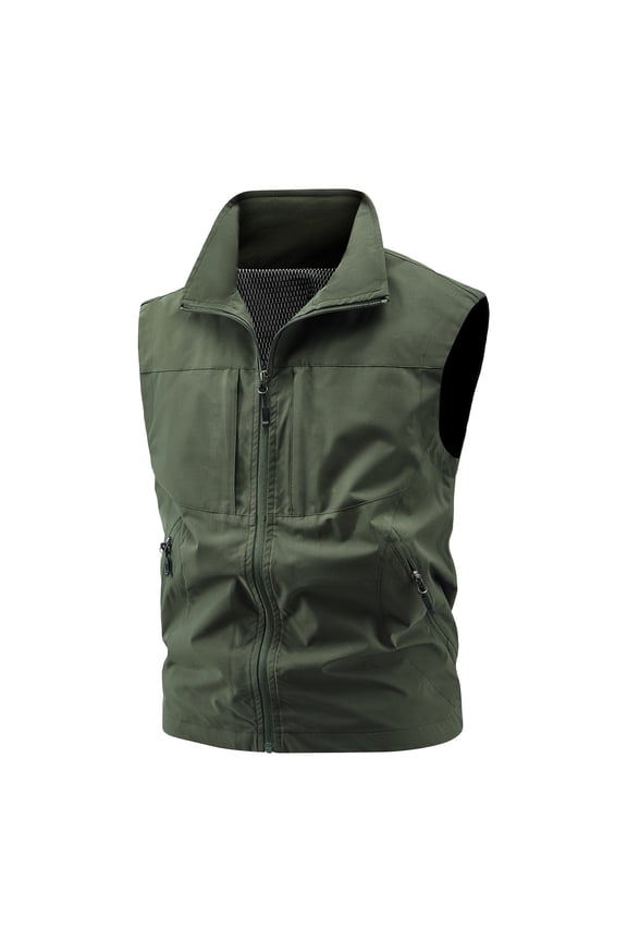Men's Workwear Waistcoats Fall Casual Vest Outdoor Hiking Workout Vest Sleeveless Stand Collar Zip Up Vest with Zip Pockets Army Green XXL
