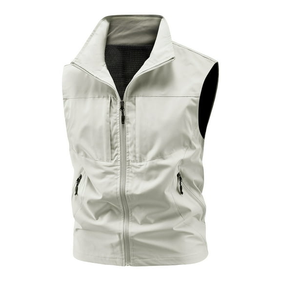 Timoontee Men's Workwear Waistcoats Fall Casual Vest Outdoor Hiking Workout Vest Sleeveless Stand Collar Zip Up Vest with Zip Pockets White XXXXL