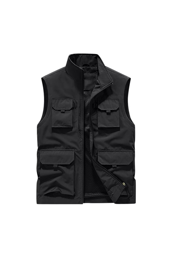 Men's Workwear Waistcoats Outdoor Hiking Workout Vest Fall Winter Casual Vest Sleeveless Stand Collar Zip Up Vest with Multi Pockets Black XXXL