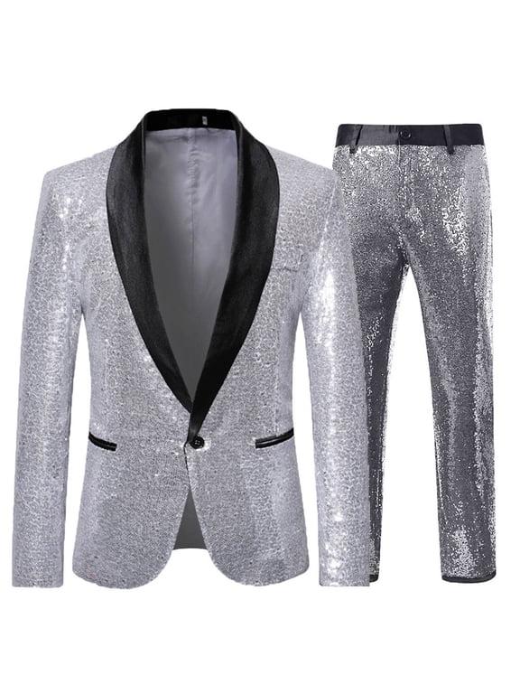 Mens 2 Piece Suits Sequin Blazer Suit Shiny Jacket Blazer with Pants One Button Tuxedo for Party & Wedding Banquet & Prom & Nightclub Events Silver XL