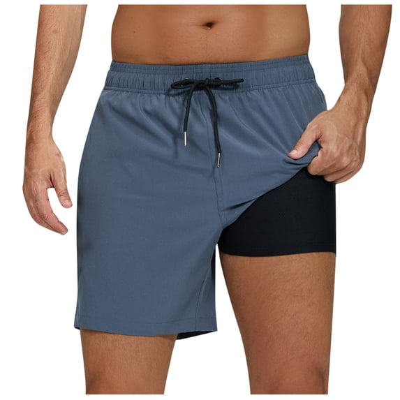 Timoontee Mens 2 in 1 Running Shorts Elastic Waist Drawstring Built In Compression Liner Design Moisture Wicking Fabric for Athletic Training Gray L