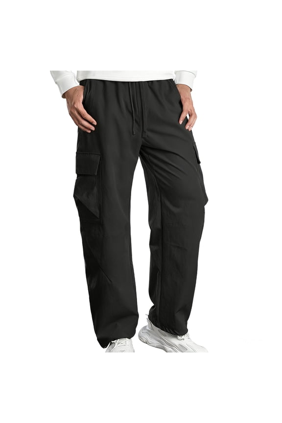 Mens Cargo Style Athletic Fit Outdoor Wear Straight Leg Long Pants Elastic Waist Drawstring Closure Zipper Black S