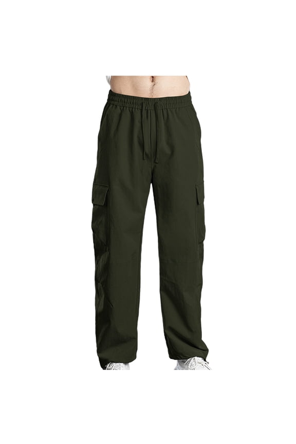 Mens Cargo Style Athletic Fit Outdoor Wear Straight Leg Long Pants Elastic Waist Drawstring Closure Zipper Green S