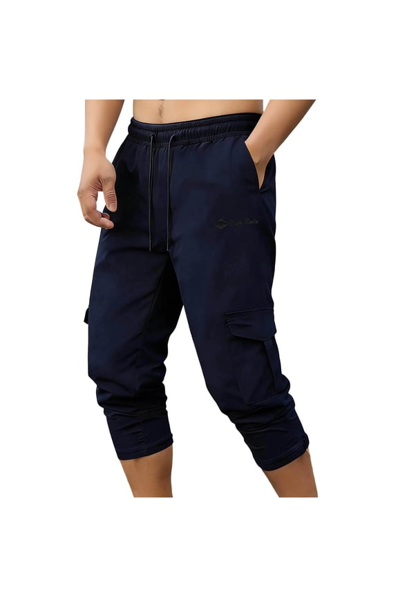 Mens Cargo Style Casual Style Drawstring Waist Elastic Waist Capri Pants Drawstring Closure Zipper Pockets Button Blue S