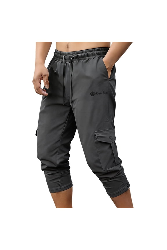 Mens Cargo Style Casual Style Drawstring Waist Elastic Waist Capri Pants Drawstring Closure Zipper Pockets Button Gray S
