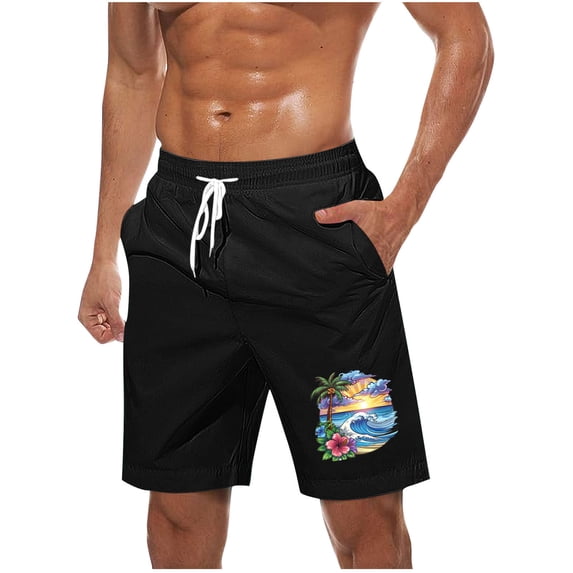 Timoontee Mens Cartoon Print Casual Shorts Elastic Waist Contrast Drawstring Side Pocket Design Soft Fabric for Summer Outings Black XL